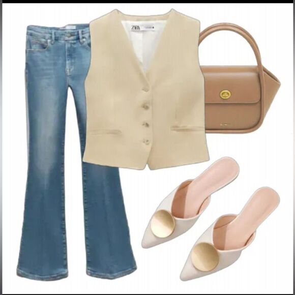 Riveted Off White Crème Gold Pointed Toe Flat Mules Shoes - Picture 4 of 9